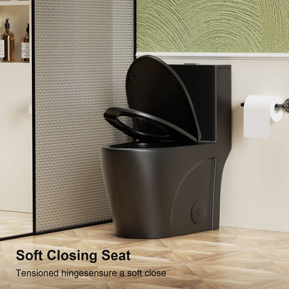 Toilet black ADA-height one-piece with soft-close seat in a modern bathroom on Tampa Home & Garden Store