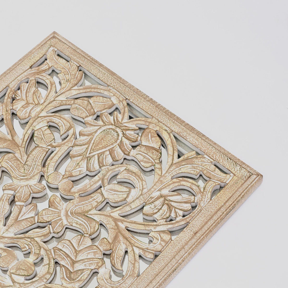 Floral hand carved mandala rectangle wall decor with mirror antique brown white distressed frame on Tampa Home & Garden Store