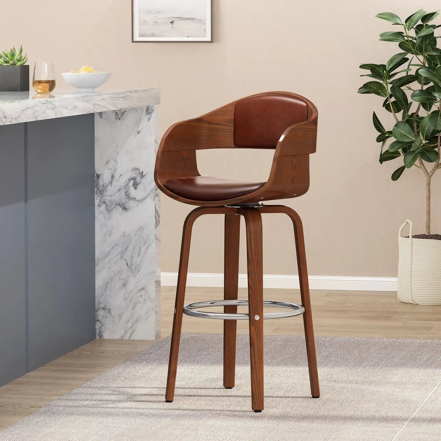 Two modern bar stools with swivel function, brown leather seats and wood frames by HouseOfZazla on Tampa Home & Garden Store