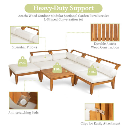 HouseOfZazla 6-piece acacia outdoor modular sectional with daybed and tea table white cushions on Tampa Home & Garden Store