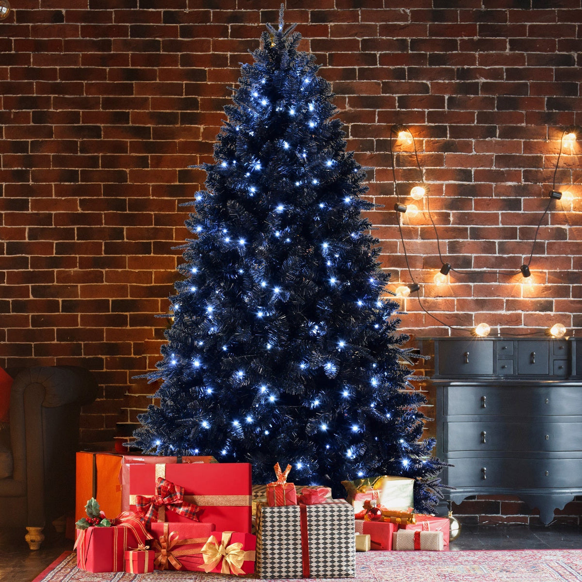 6-foot black Christmas tree HouseOfZazla with 350 blue-white LEDs gift boxes beneath on Tampa Home & Garden Store