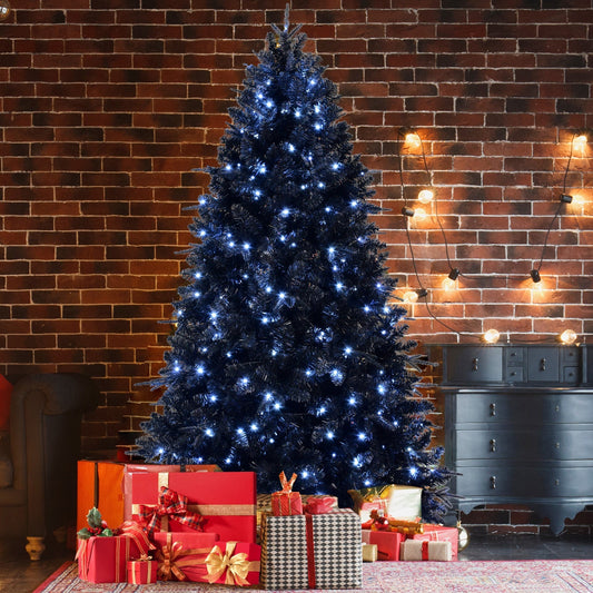 6-foot black Christmas tree HouseOfZazla with 350 blue-white LEDs gift boxes beneath on Tampa Home & Garden Store