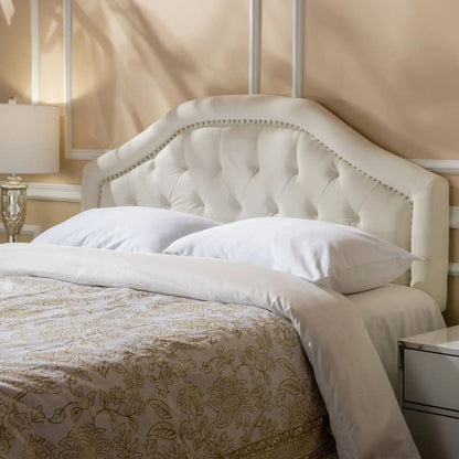 Kaarina Contemporary Tufted Fabric Headboard, white upholstered with silver nailhead trim on Tampa Home & Garden Store