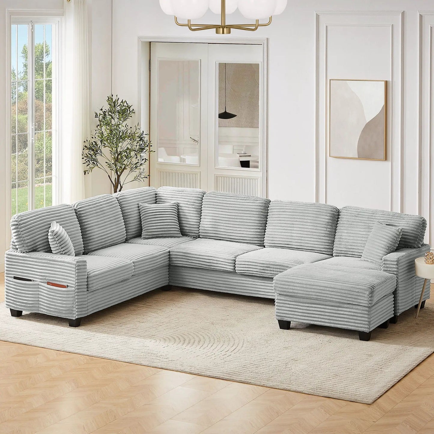 2-piece U-shaped sectional sofa with movable ottoman and side pockets in gray fabric on Tampa Home & Garden Store