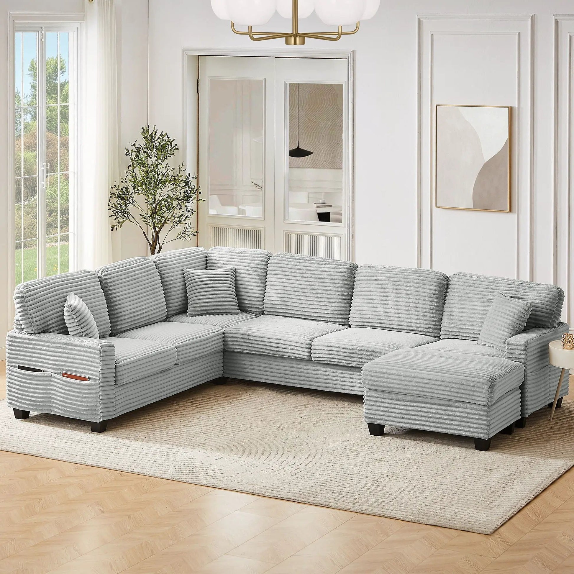 2-piece U-shaped sectional sofa with movable ottoman and side pockets in gray fabric on Tampa Home & Garden Store