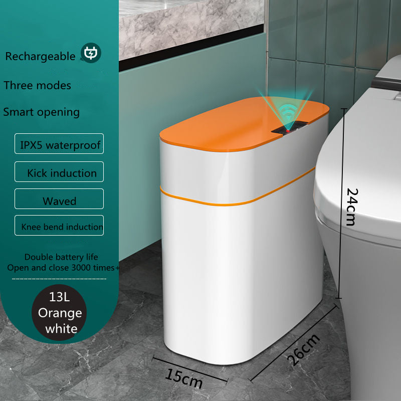 Smart trash can with orange lid and white body, 13L capacity on Tampa Home & Garden Store