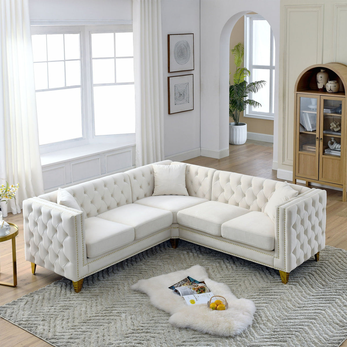 L-shaped corner sofa, 5-seater sectional with white tufted faux-leather and brass legs on Tampa Home & Garden Store