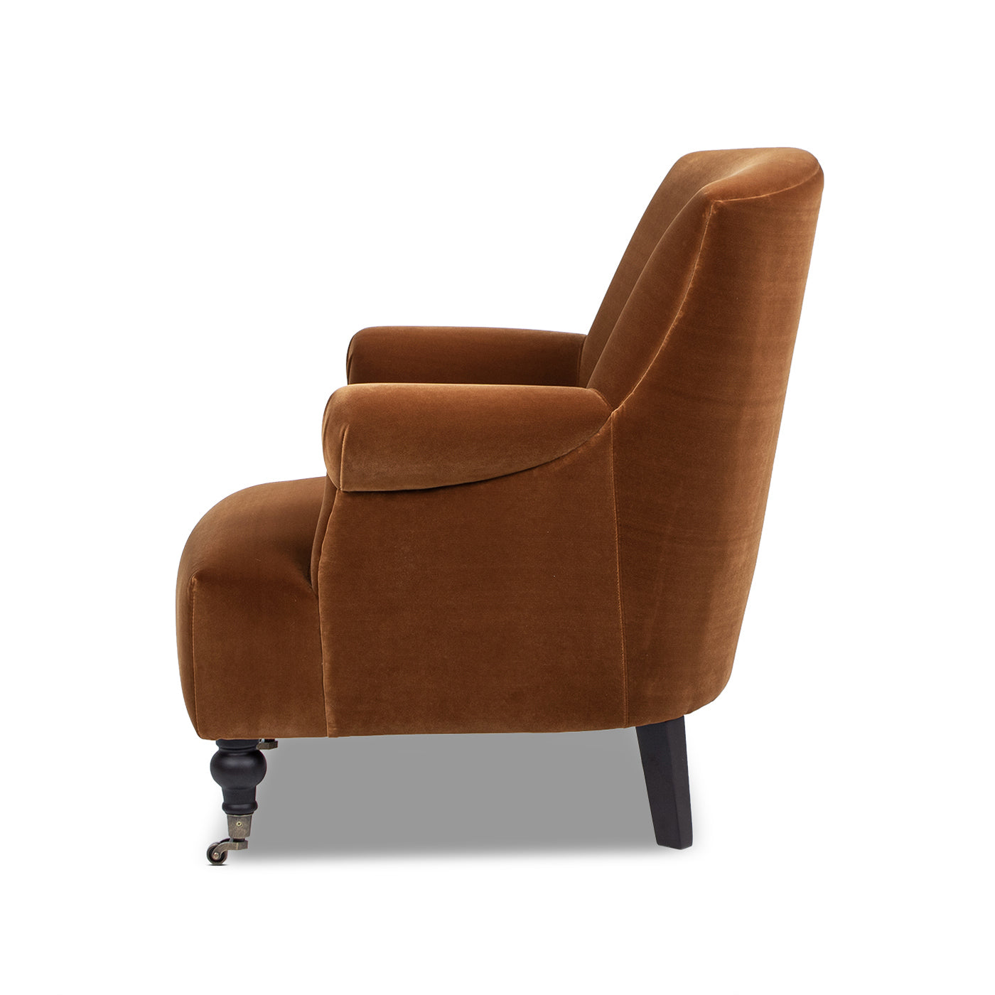 Eloise 30in Pleated Sock Armchair Burnt Orange Velvet with plush cushions and caster legs on Tampa Home & Garden Store