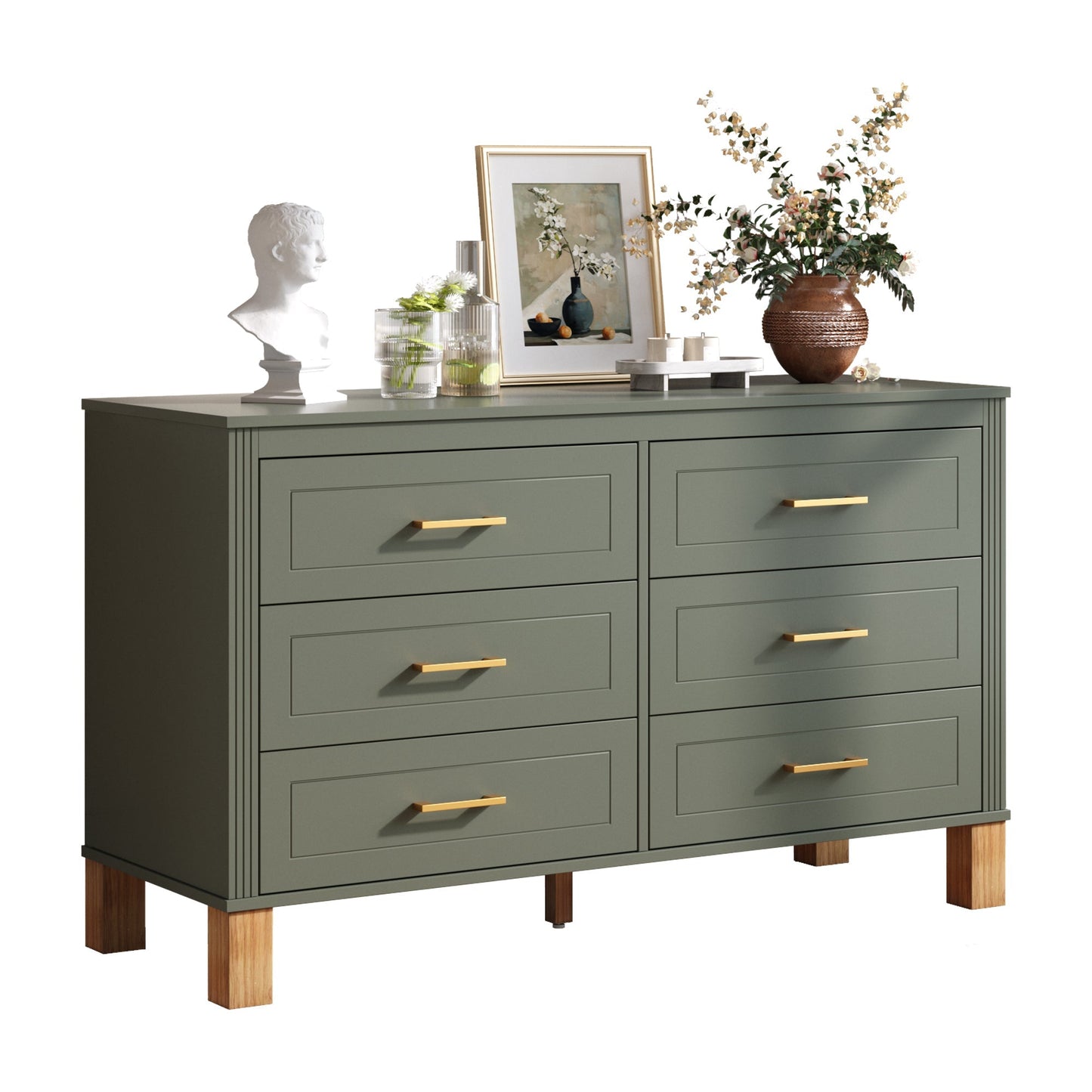 Olive 6-drawer double dresser by HouseOfZazla with gold handles on Tampa Home & Garden Store