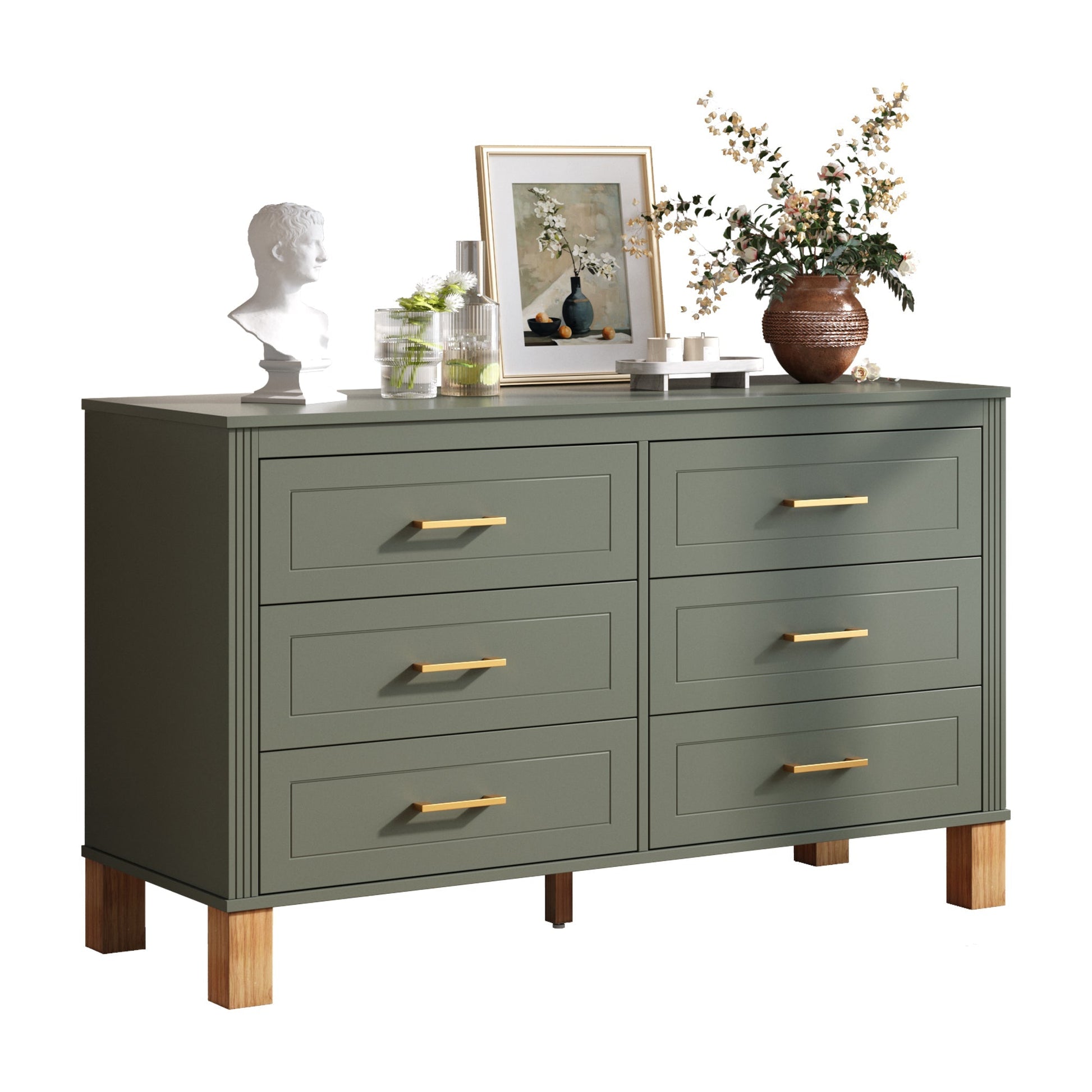 Olive 6-drawer double dresser by HouseOfZazla with gold handles on Tampa Home & Garden Store