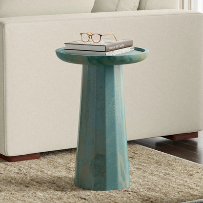 Dayton Handcrafted Wooden Accent Table with teal distressed pedestal, orange glasses and books on Tampa Home & Garden Store