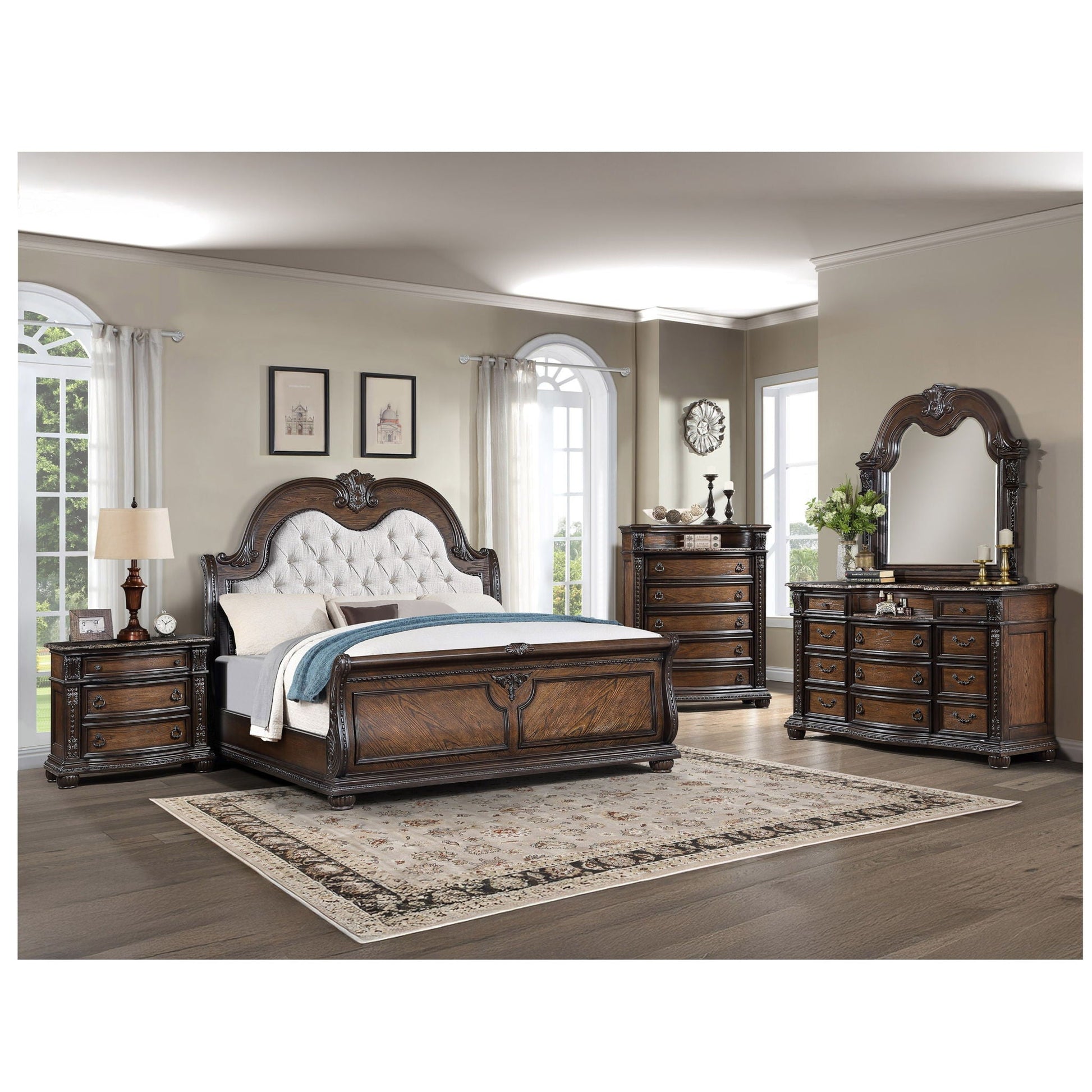 Traditional style button tufted headboard sleigh bed HouseOfZazla with dark wood frame on Tampa Home & Garden Store