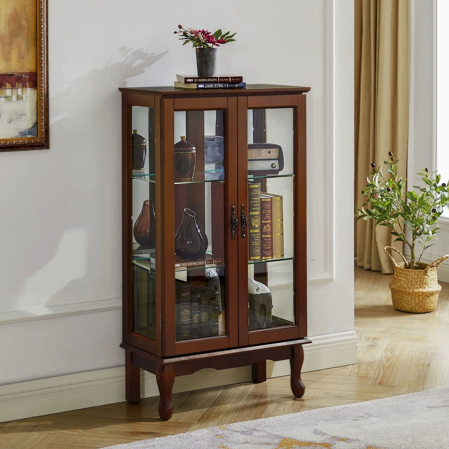 Dark curio cabinet with glass doors, mirrored back, 3-tier shelves by Unique Piece Furniture on Tampa Home & Garden Store