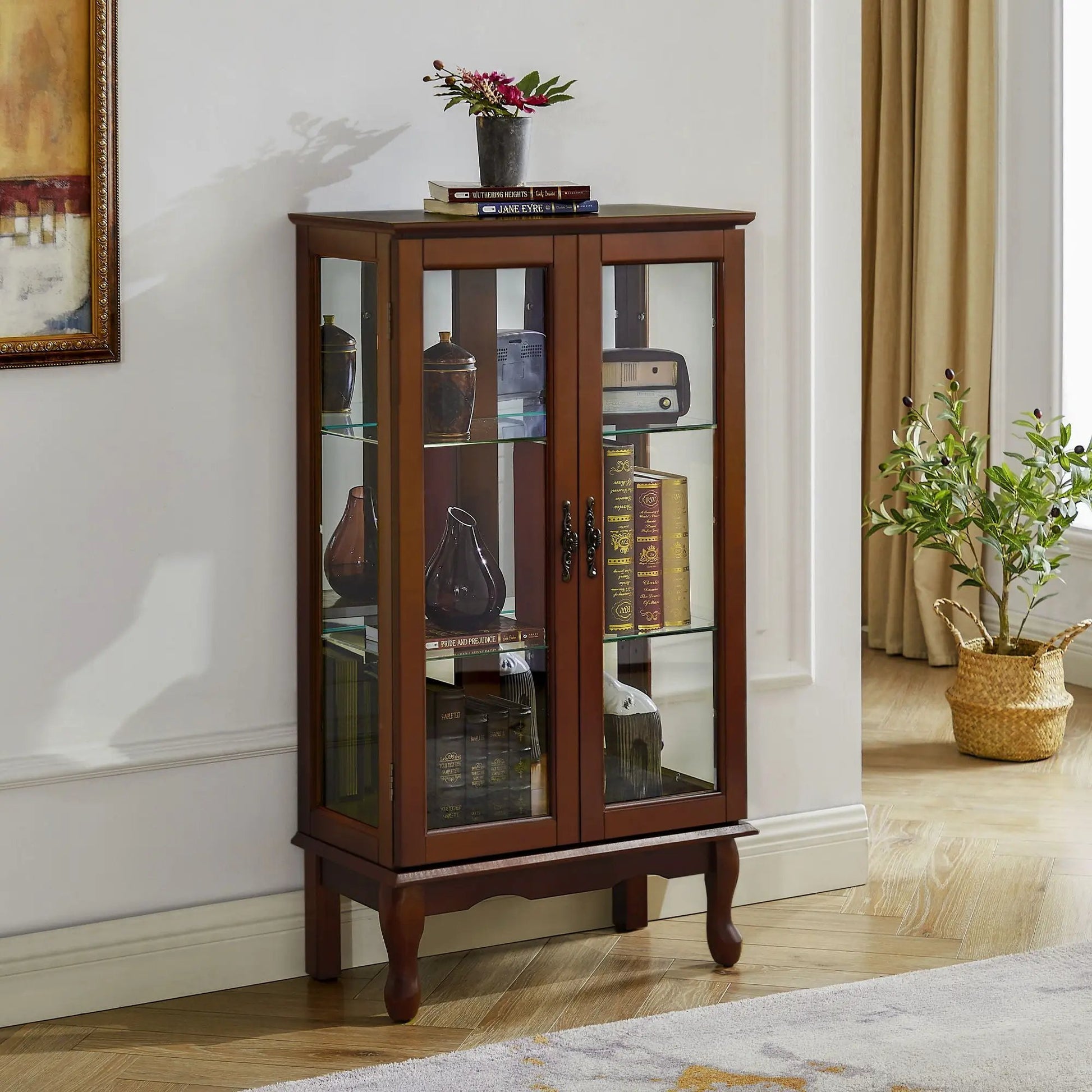 Dark curio cabinet with glass doors, mirrored back, 3-tier shelves by Unique Piece Furniture on Tampa Home & Garden Store