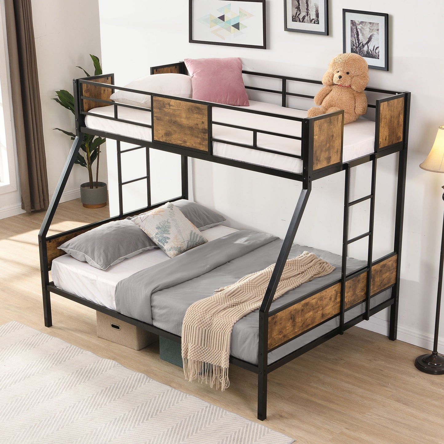 HouseOfZazla modern metal bunk bed with side ladders and guardrails, black frame with wood panels on Tampa Home & Garden Store