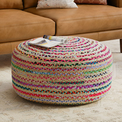 Large round pouf with woven cotton and jute in multicolor; accent pouf by HouseOfZazla on Tampa Home & Garden Store