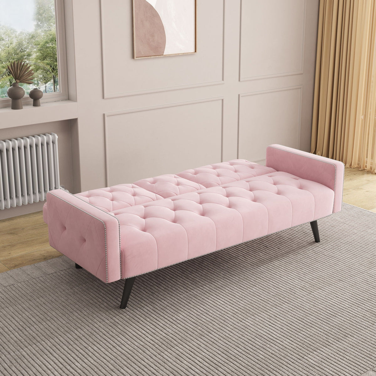 Pink Velvet Sofa Bed With Nailhead And The Frame
