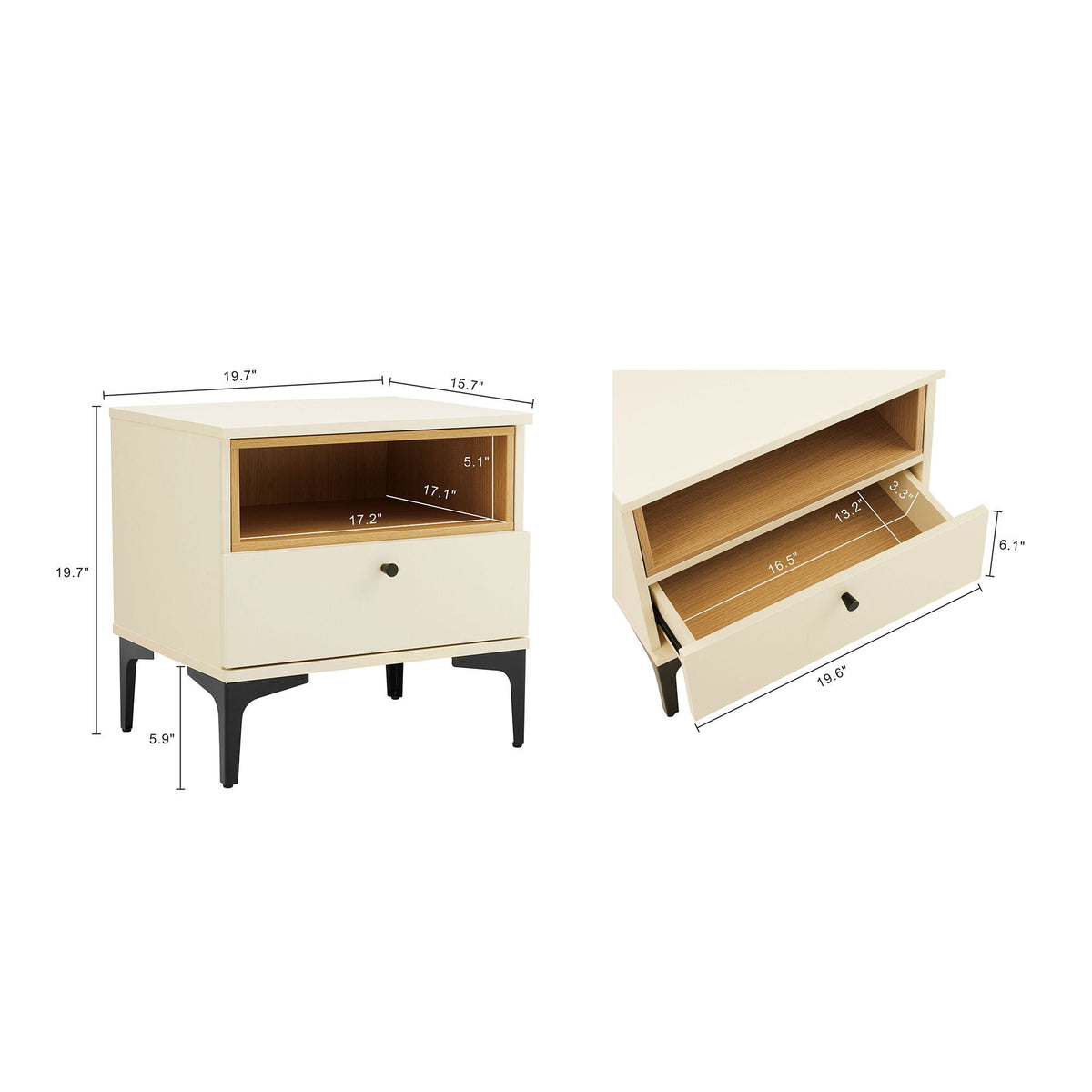 Amara Nightstand with 1 Drawer and metal legs, beige finish, HouseOfZazla on Tampa Home & Garden Store