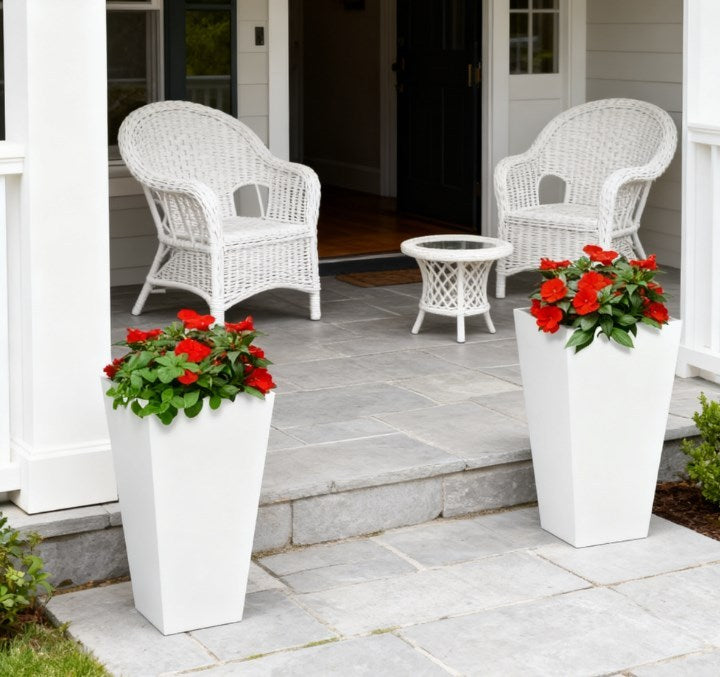Flower pots 2-pack outdoor planters with drainage holes, white tall square pots with red flowers on Tampa Home & Garden Store