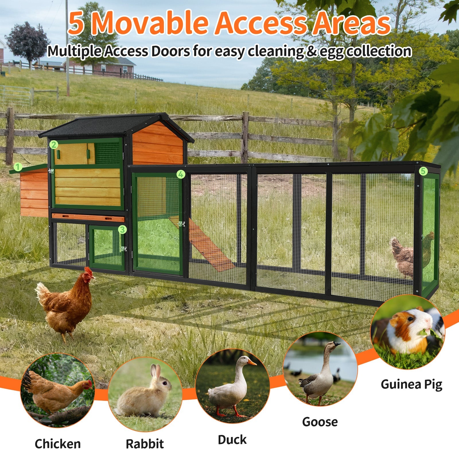 Large brown and black wooden chicken coop by HouseOfZazla with panels and green trim on Tampa Home & Garden Store