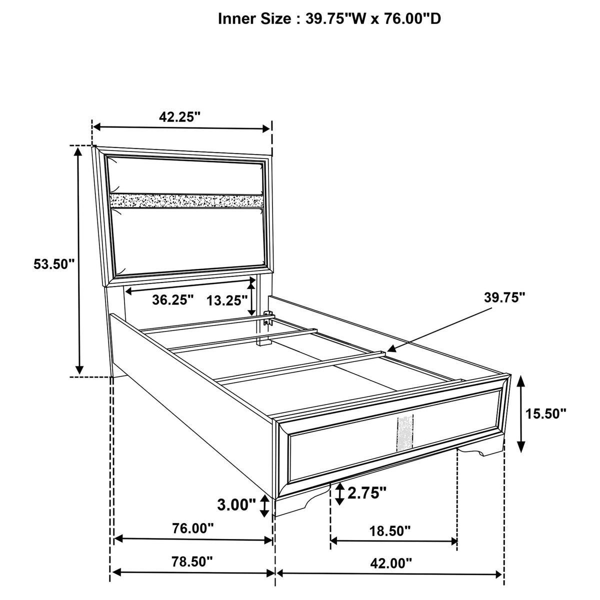 Annie 4 Piece Bedroom Set by HouseOfZazla exploded diagram of bed frame with drawers and measurements on Tampa Home & Garden Store