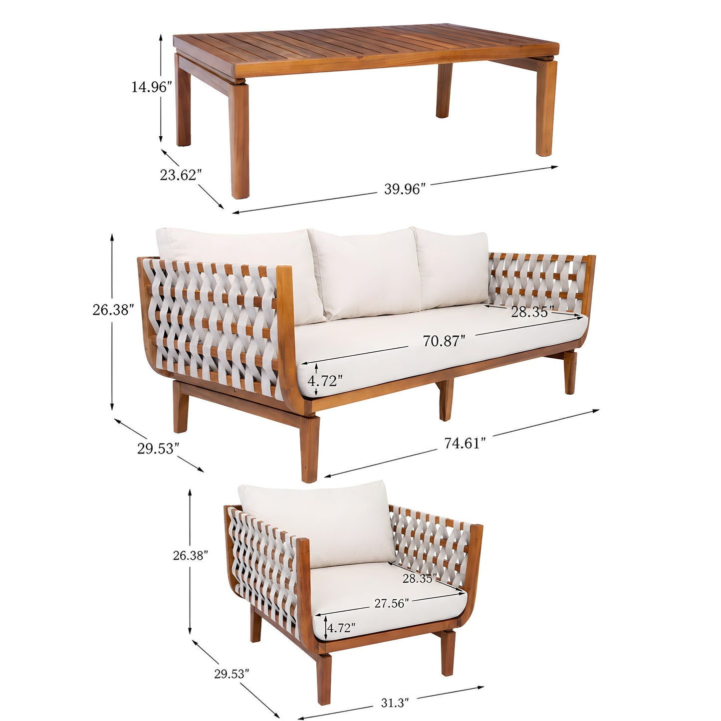 4 Pcs Outdoor Patio Furniture Set HouseOfZazla wooden slat table with woven sofa cushions on Tampa Home & Garden Store