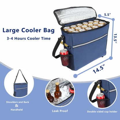 HouseOfZazla blue insulated cooler bag opened to reveal cans and foil lining with side pocket on Tampa Home & Garden Store