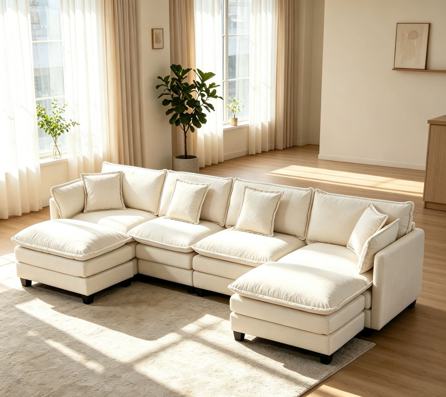 Modern 4-Seater Sectional Sofa with 2 Ottomans in cream fabric plush cushions bright living room on Tampa Home & Garden Store