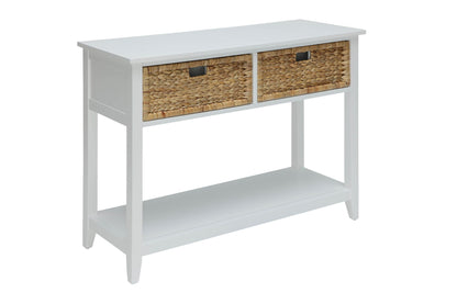 Flavius console table with two woven basket drawers, white frame and lower shelf on Tampa Home & Garden Store
