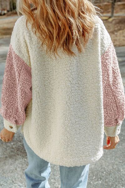 Stevvex women's sherpa jacket with cream body and pink color-block sleeves on Tampa Home & Garden Store