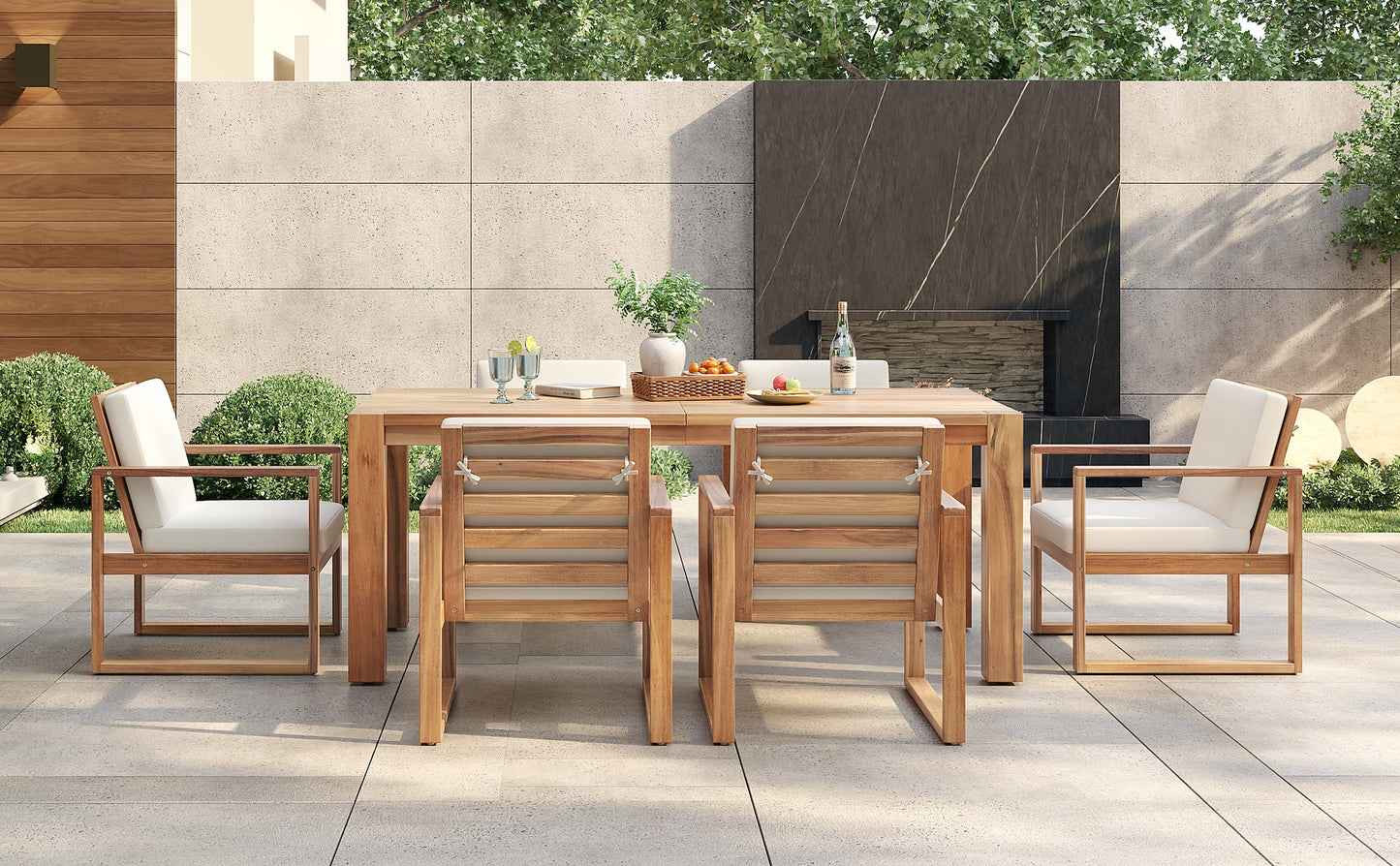 Trexm 7 Piece Acacia Patio Table and 6 Chairs Set