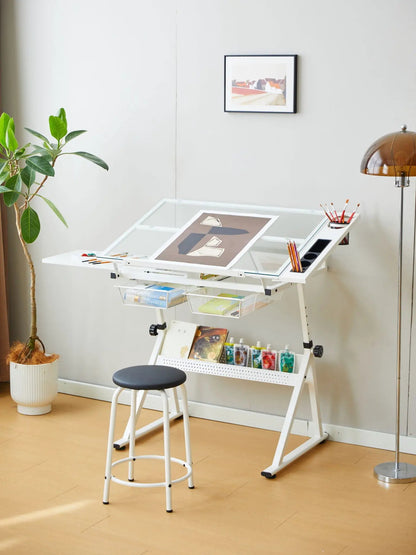 Adjustable Glass Drafting Table with Chair