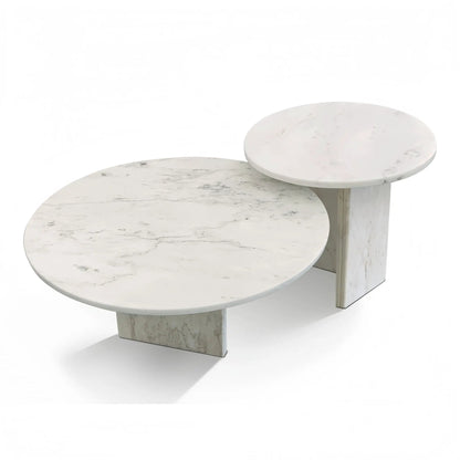 Elegant Coffee Duo Table Set: two white marble round tables with gray veining on base supports on Tampa Home & Garden Store