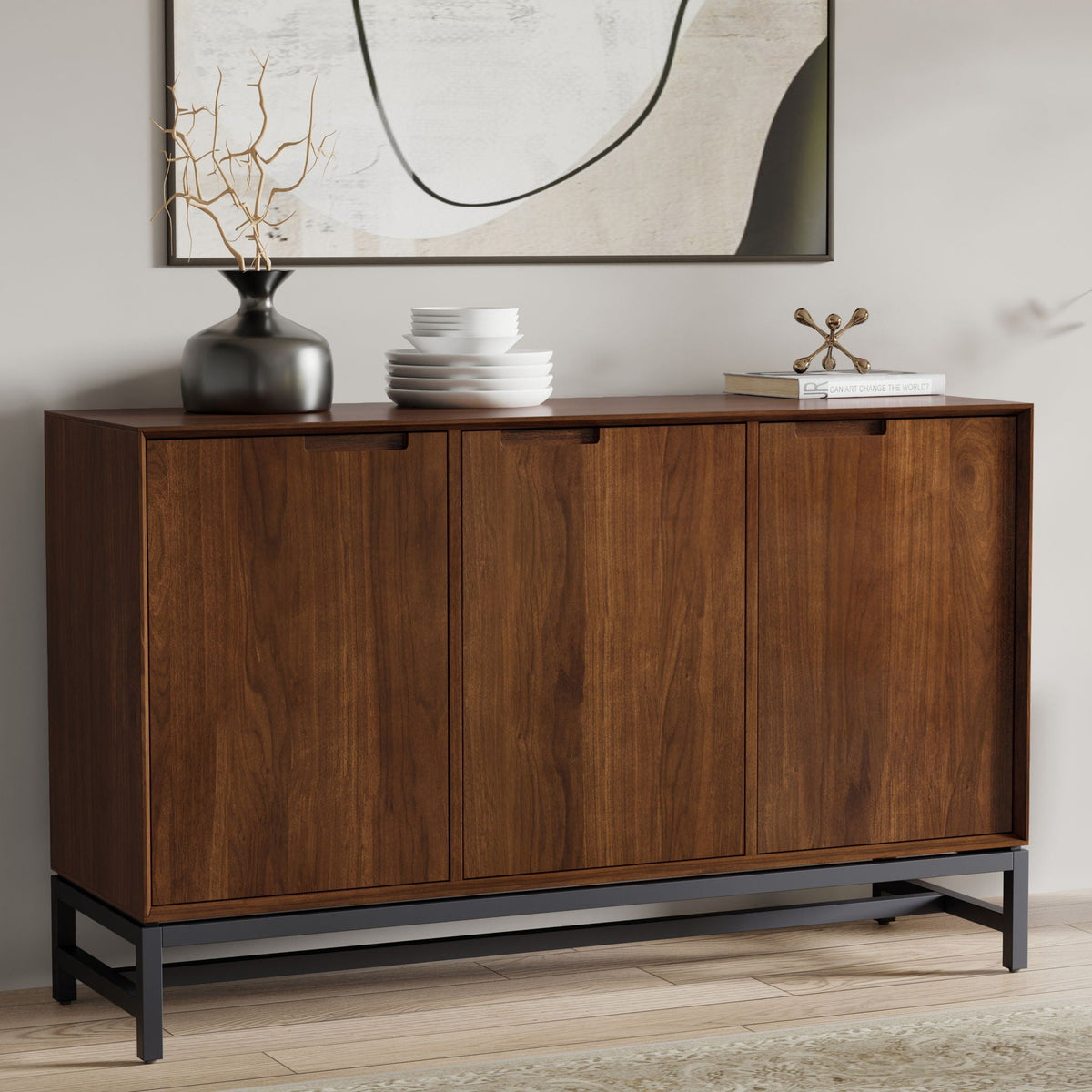 Natural walnut 3-door sideboard buffet with adjustable shelves on Tampa Home & Garden Store