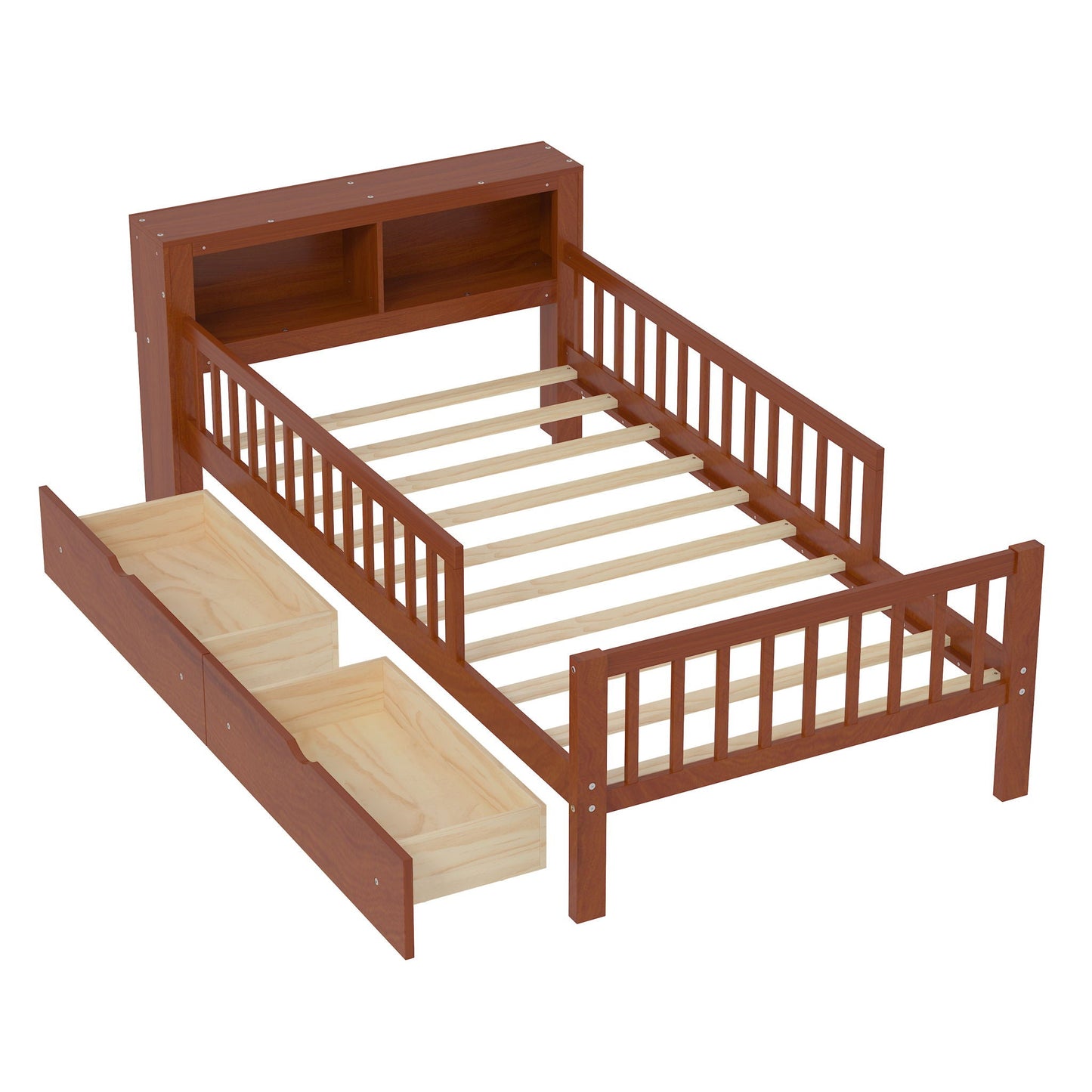 Bed with Headboard Storage Rack in warm brown wood, 2 under-bed drawers and 3 side guardrails on Tampa Home & Garden Store
