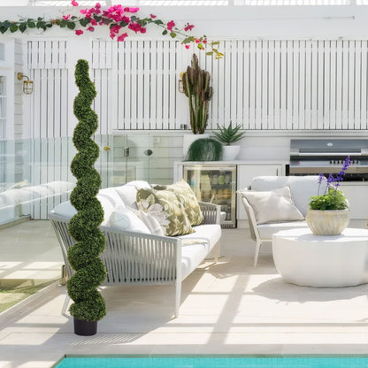 Artificial UV-resistant boxwood topiary spiral tree in a dark pot beside white seating on Tampa Home & Garden Store