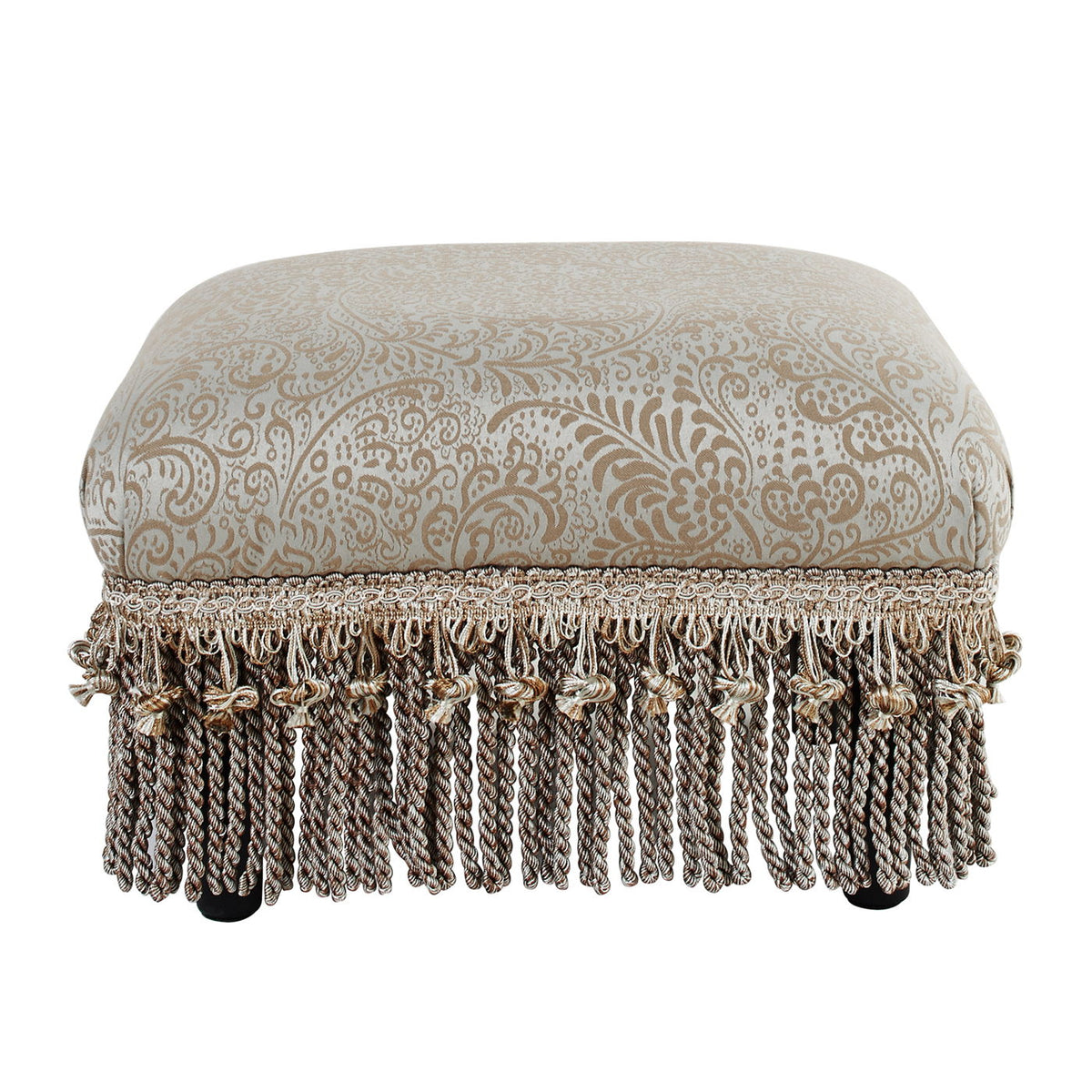 Handcrafted accent footstool ottoman in beige damask fabric with solid wood frame and fringe on Tampa Home & Garden Store