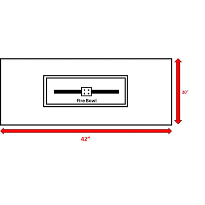Reinforced propane outdoor fire pit table diagram with 42in 20in Fire Bowl label on Tampa Home & Garden Store