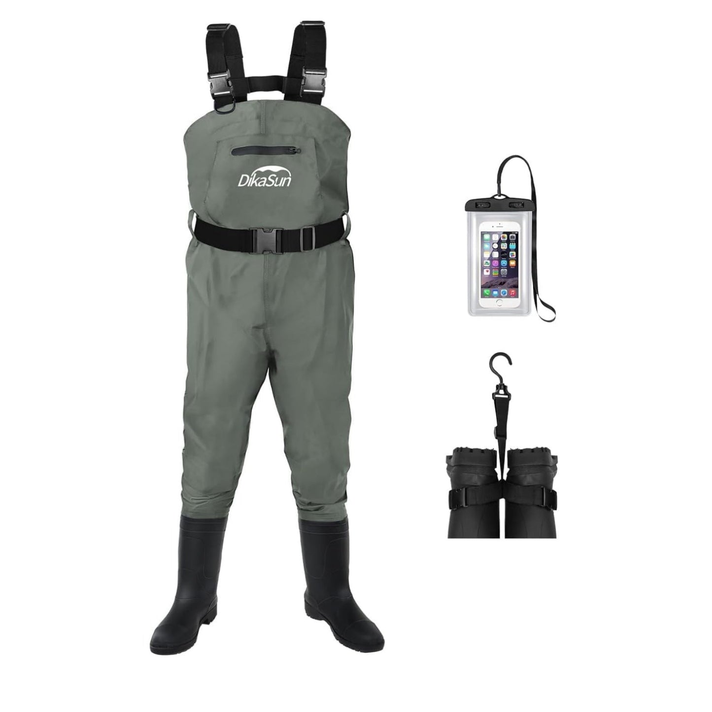 Dikasun Chest Waders with Boots, grey bootfoot fishing waders with front zip pocket on Tampa Home & Garden Store