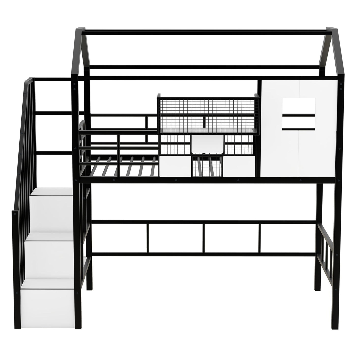Black metal loft bed frame with guardrails and integrated ladder plus storage mesh cage on Tampa Home & Garden Store