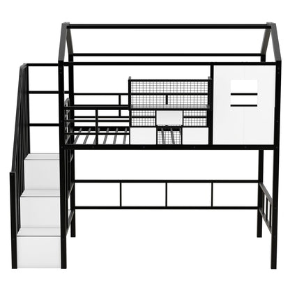 Black metal loft bed frame with guardrails and integrated ladder plus storage mesh cage on Tampa Home & Garden Store