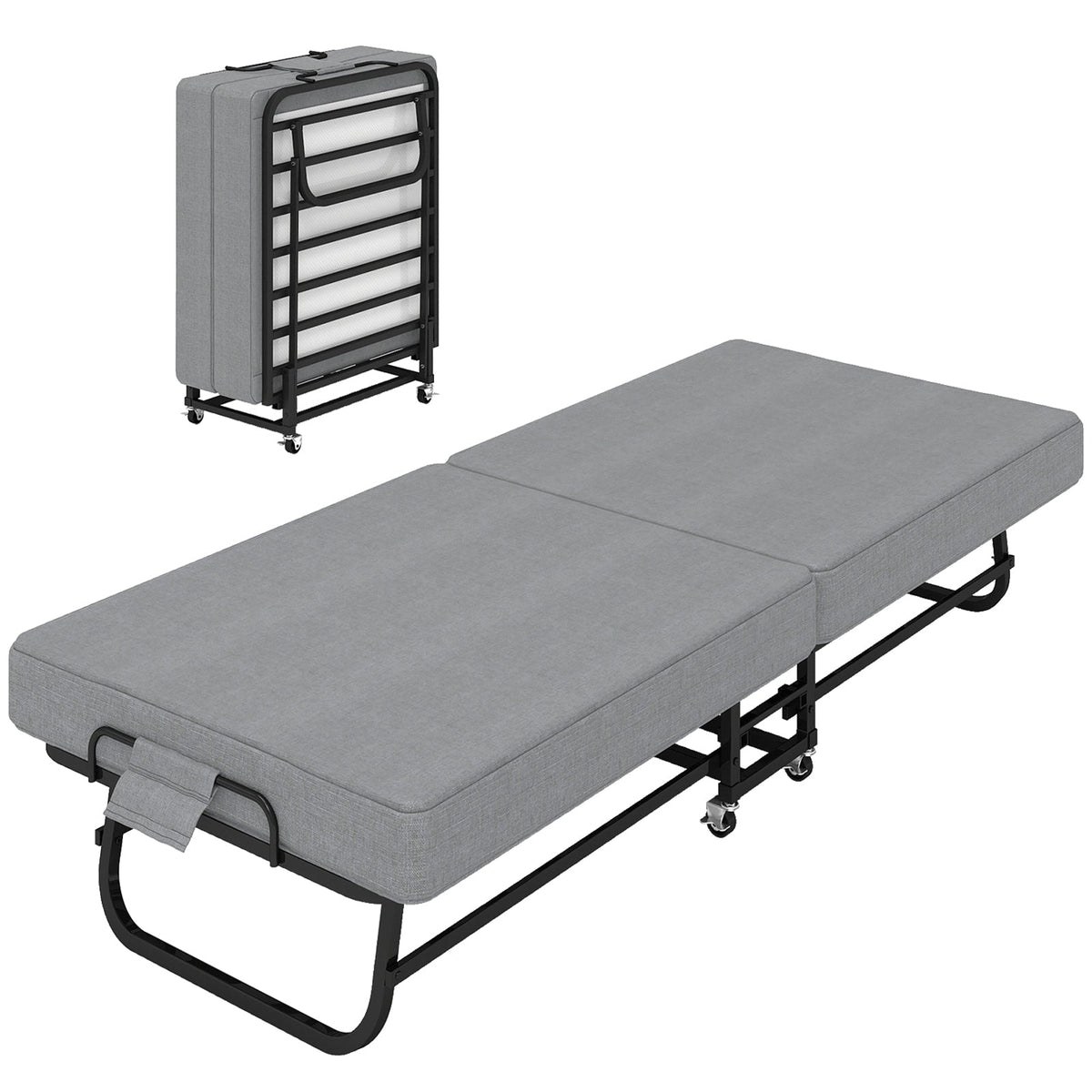 75-inch folding bed with memory foam mattress in gray fabric, HouseOfZazla on casters on Tampa Home & Garden Store