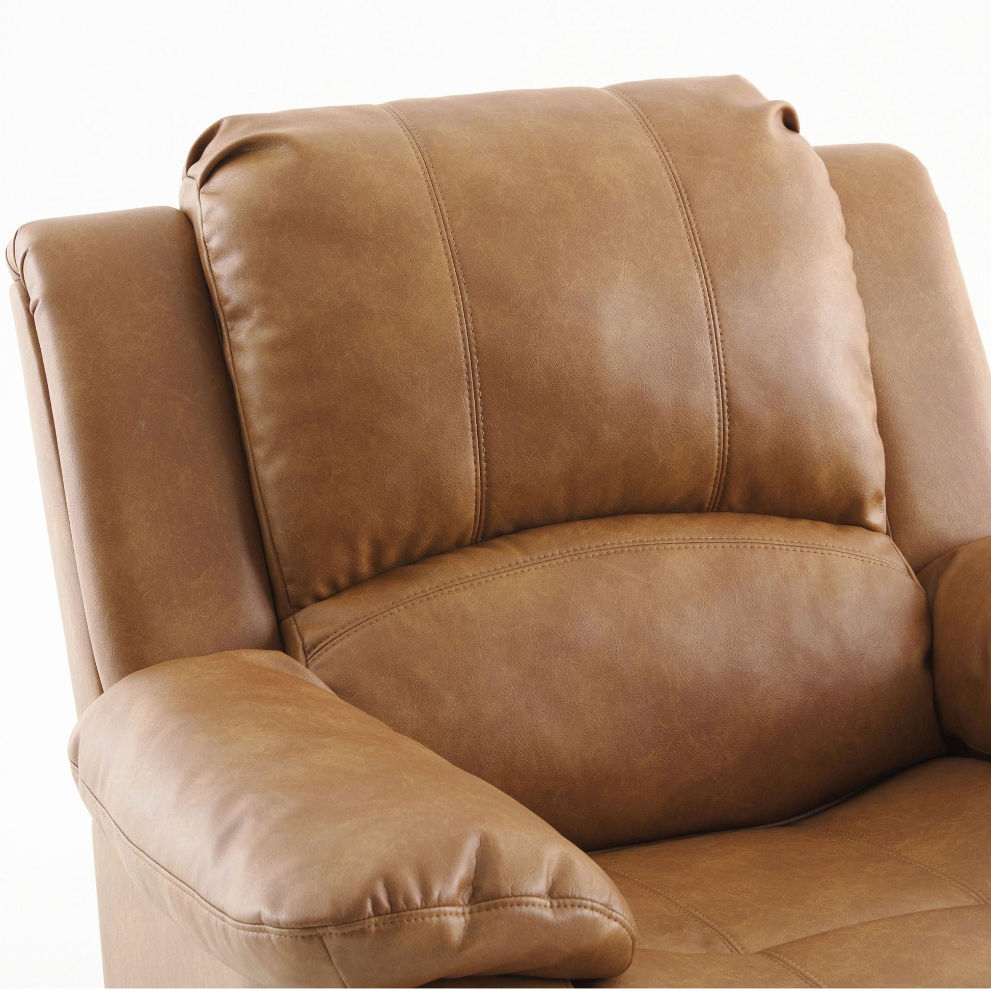Charlotte Glider Recliner by HouseOfZazla in brown leather with visible double-stitched seams on padded back on Tampa Home & Garden Store