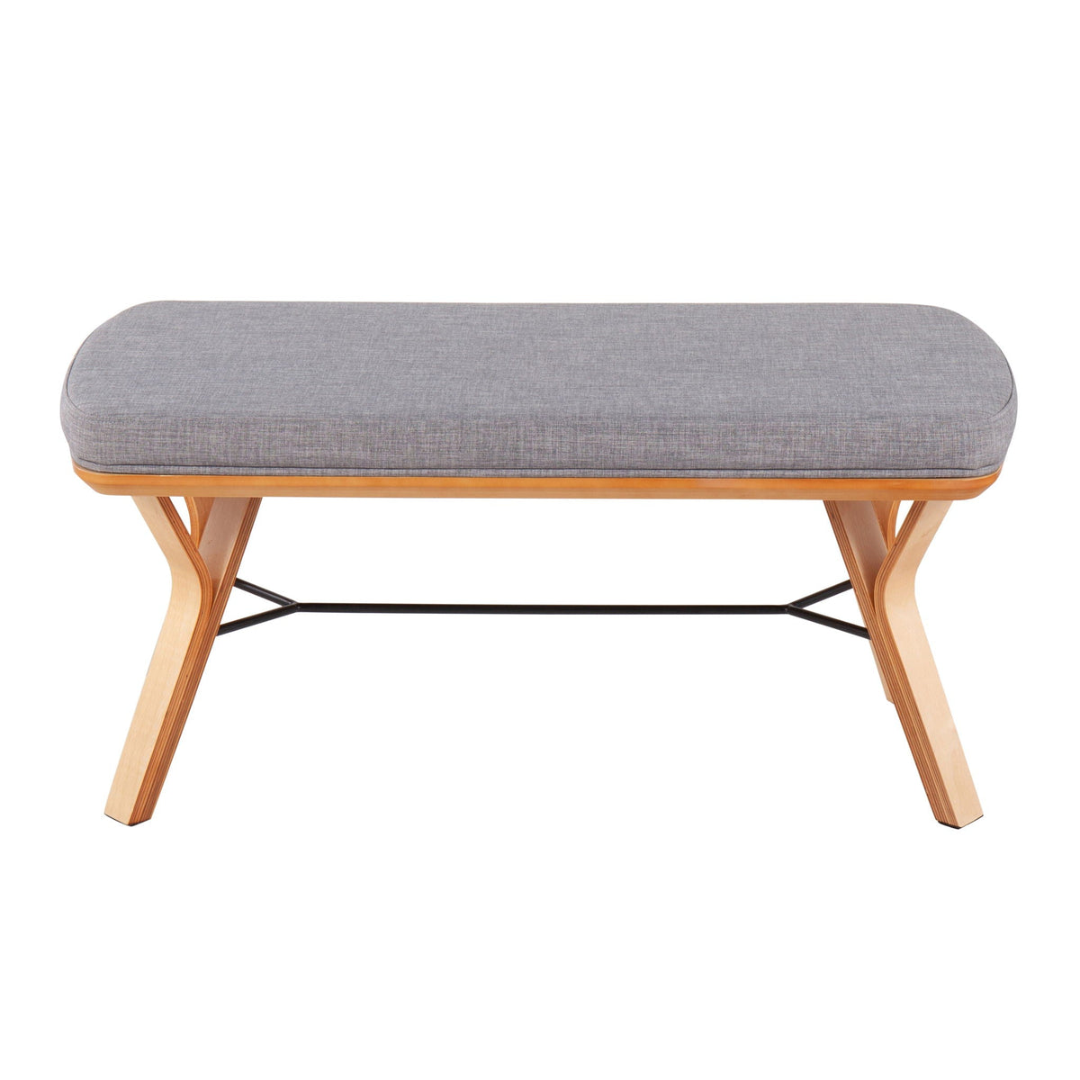 Mid Century Upholstered Bench with Cushioned Gray Fabric Seat and natural wood legs on Tampa Home & Garden Store