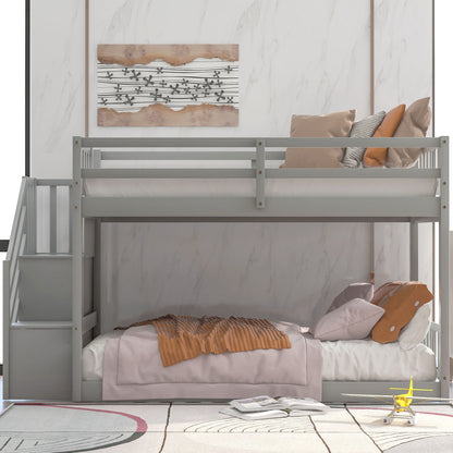 Twin over twin floor bunk bed with storage ladder gray by HouseOfZazla beige sheets in kids room on Tampa Home & Garden Store