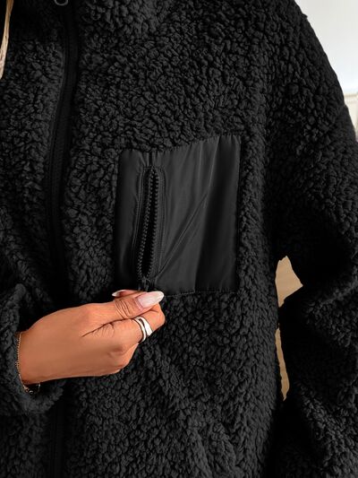 Stevvex Winter Warm Zip Up Jacket black fuzzy sherpa exterior with zip chest pocket on Tampa Home & Garden Store