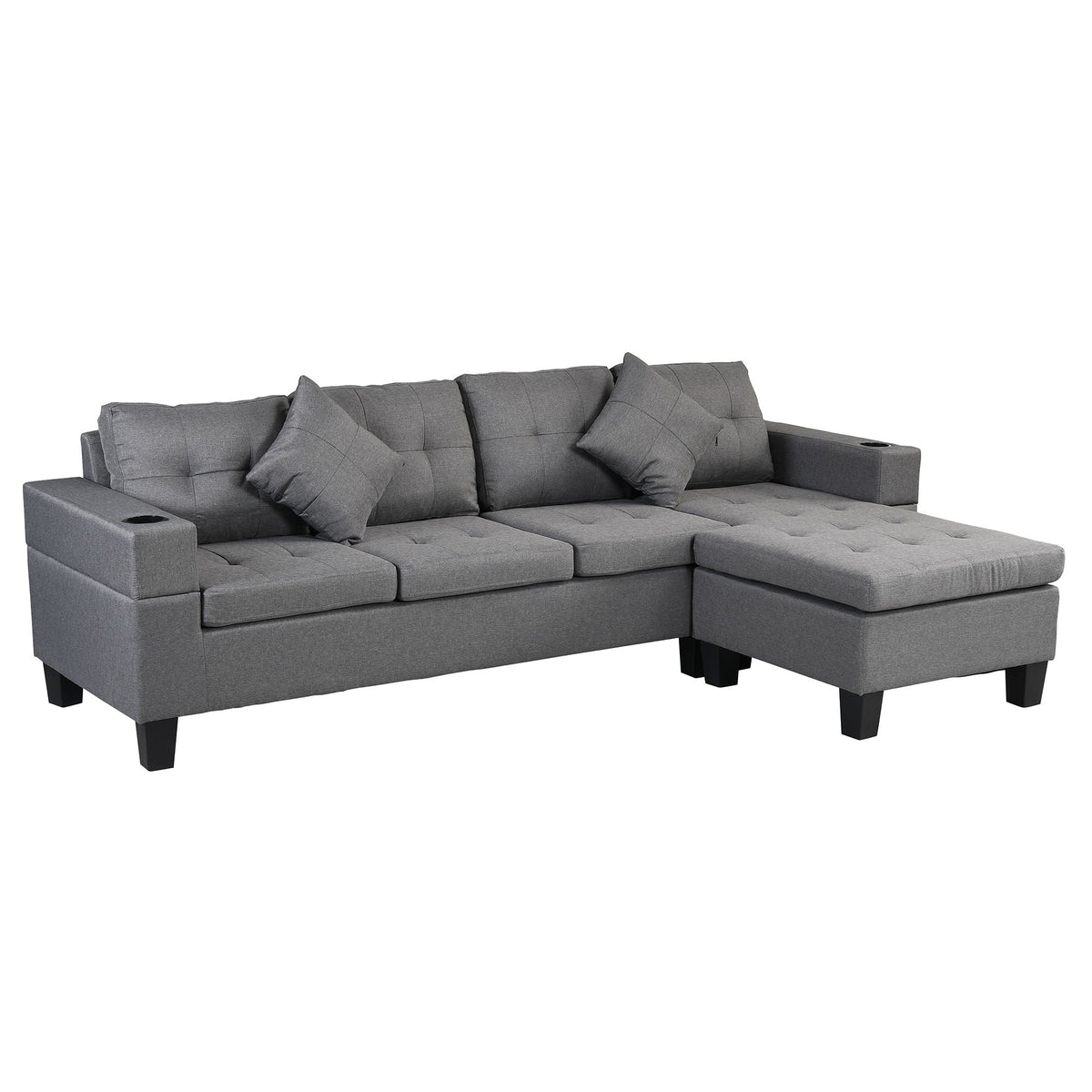 Modern sectional sofa set with L-shaped chaise, gray fabric, 4 seats, cup holders HouseOfZazla on Tampa Home & Garden Store