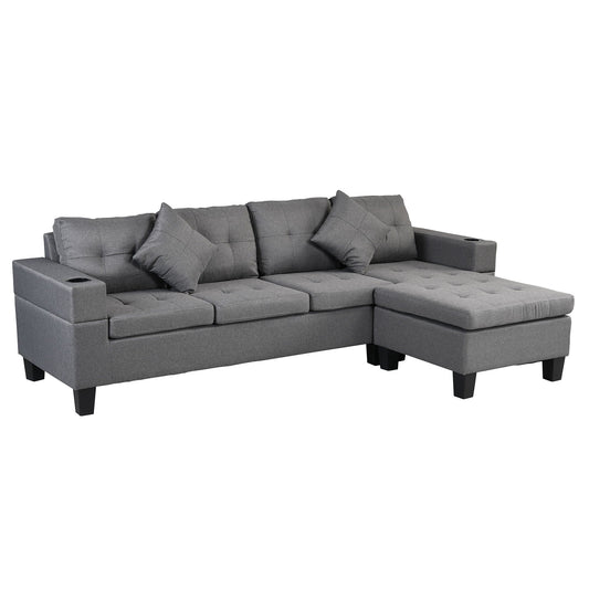 Modern sectional sofa set with L-shaped chaise, gray fabric, 4 seats, cup holders HouseOfZazla on Tampa Home & Garden Store