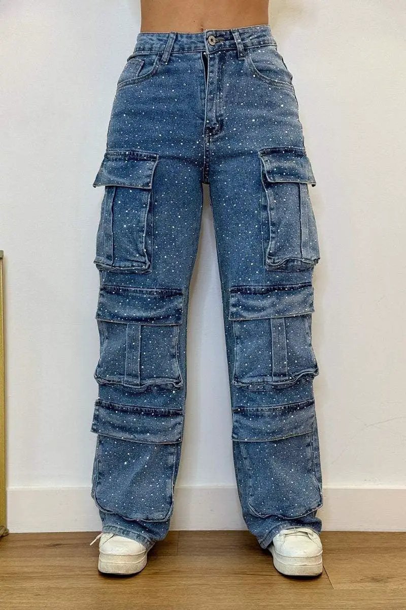 Women's blue denim cargo jeans with speckled diamonds and multiple pockets FLIPSTYLEZLLC on Tampa Home & Garden Store