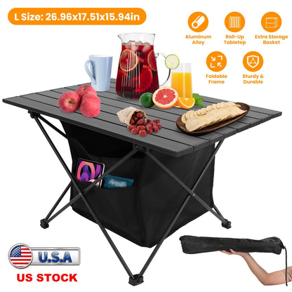 GemGear Foldable Camping Table with Storage Basket, aluminum alloy frame, roll-up top on Tampa Home & Garden Store